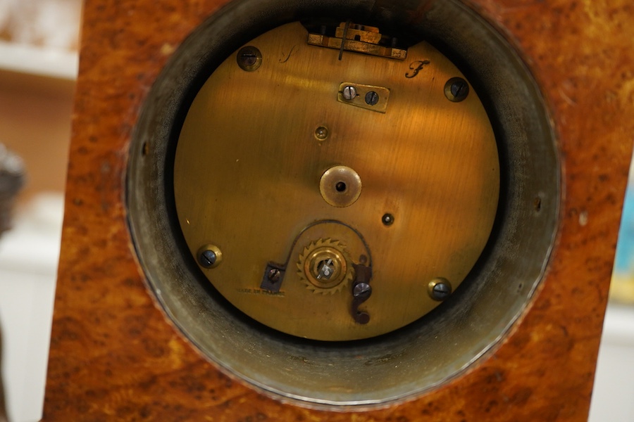A small French amboyna model of a longcase timepiece, with key, 44cm high